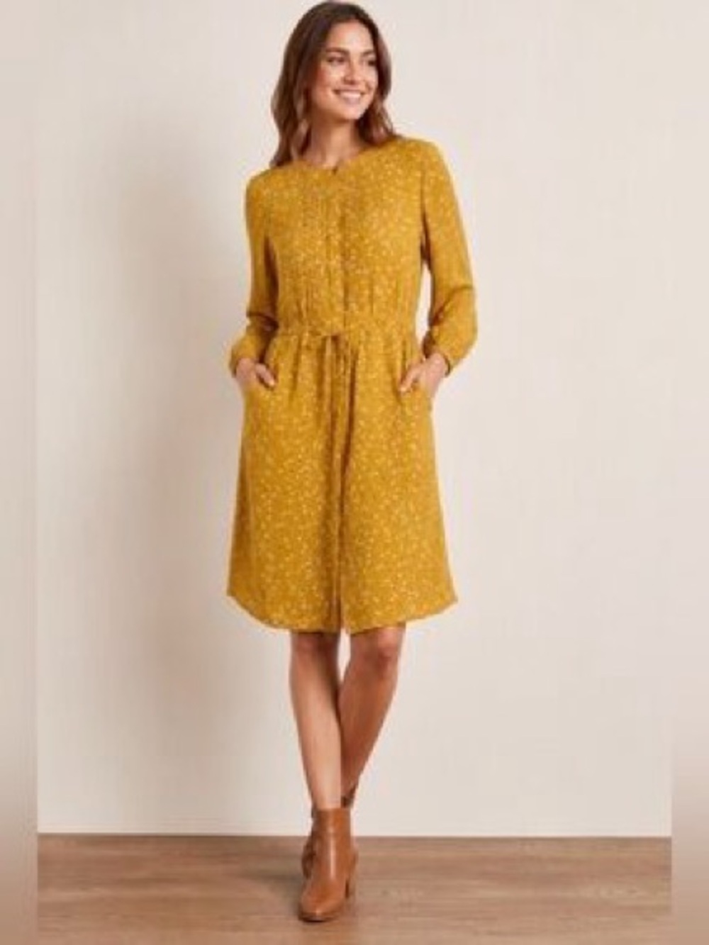 Boden Corrina Pleated Dress In Mustard Yellow Size 12P 100% Viscose